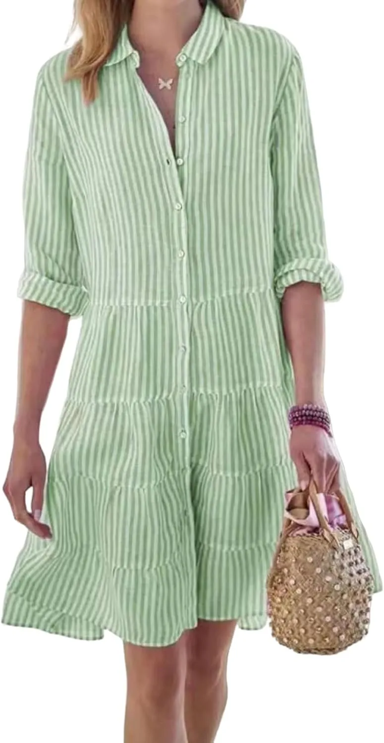 Womens Mini Dress Summer Striped Lapel Button Down Long Sleeve Dresses Casual Tummy Control A Lien Beach Sundress