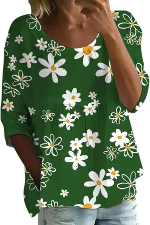 Womens Peasant Boho Tunic Tops 2025 3/4 Sleeve Floral Print Casual Loose Fit Pleated Summer Flowy Babydoll Blouses