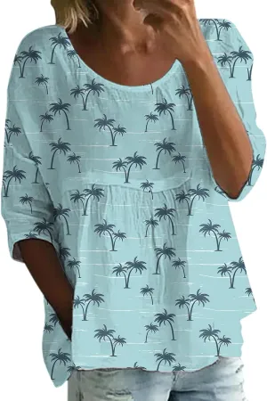 Womens Peasant Boho Tunic Tops 2025 3/4 Sleeve Floral Print Casual Loose Fit Pleated Summer Flowy Babydoll Blouses