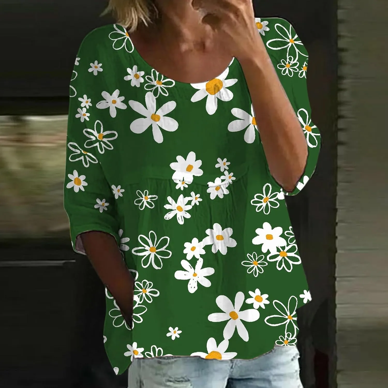 Womens Peasant Boho Tunic Tops 2025 3/4 Sleeve Floral Print Casual Loose Fit Pleated Summer Flowy Babydoll Blouses