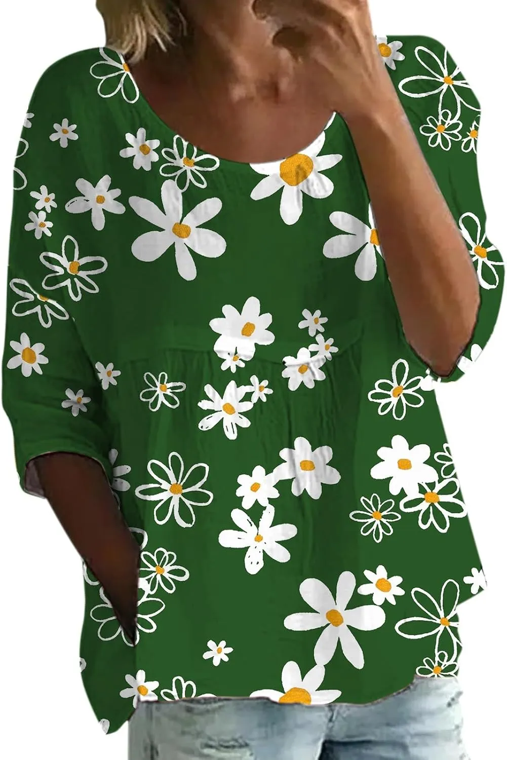 Womens Peasant Boho Tunic Tops 2025 3/4 Sleeve Floral Print Casual Loose Fit Pleated Summer Flowy Babydoll Blouses