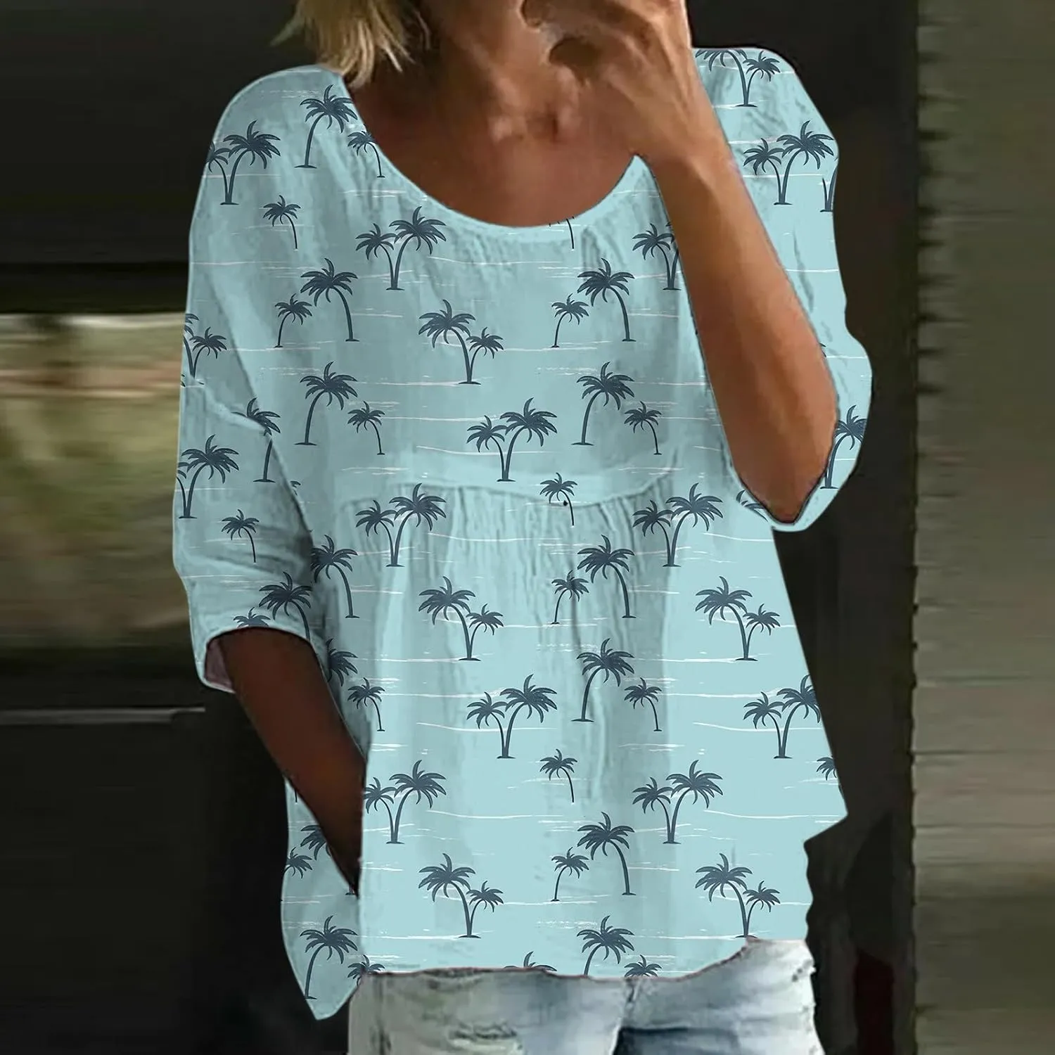 Womens Peasant Boho Tunic Tops 2025 3/4 Sleeve Floral Print Casual Loose Fit Pleated Summer Flowy Babydoll Blouses