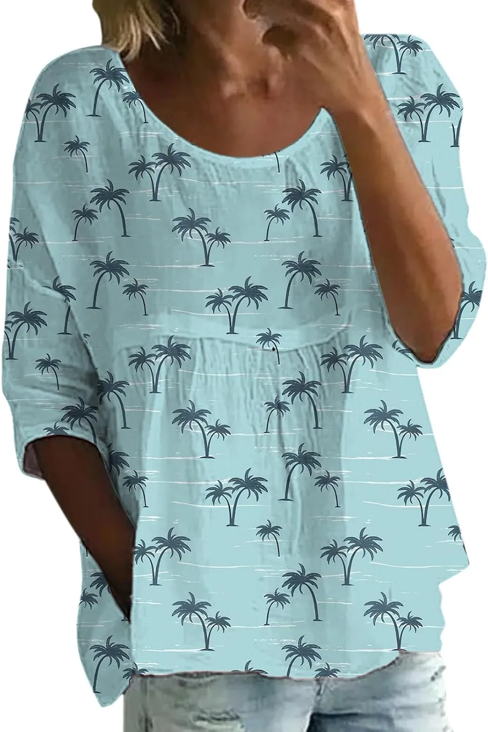 Womens Peasant Boho Tunic Tops 2025 3/4 Sleeve Floral Print Casual Loose Fit Pleated Summer Flowy Babydoll Blouses