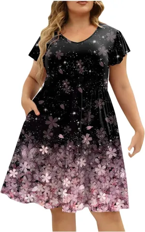 Women's Plus Size Dresses for Curvy Floral Print Short Sleeve Loose Large Hem Tshirt Dresses with Pockets