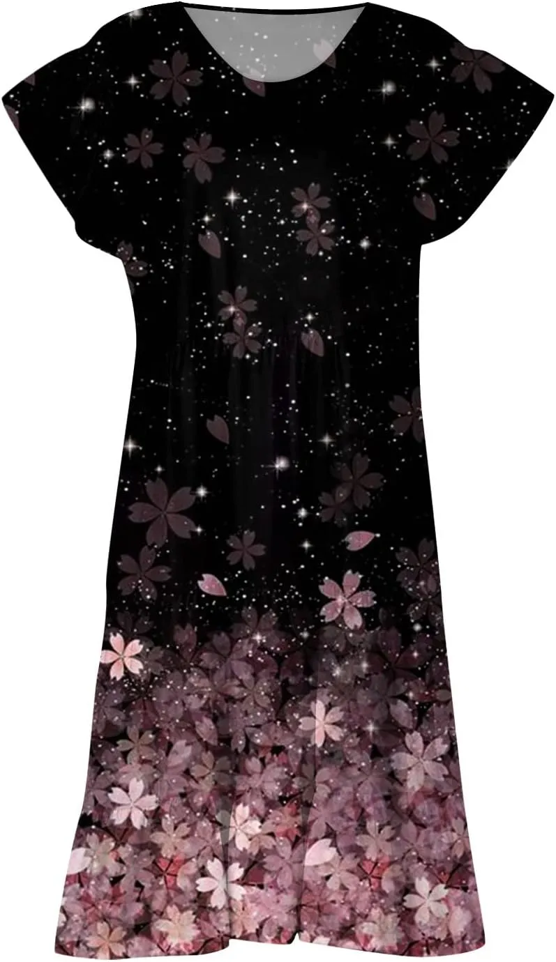 Women's Plus Size Dresses for Curvy Floral Print Short Sleeve Loose Large Hem Tshirt Dresses with Pockets