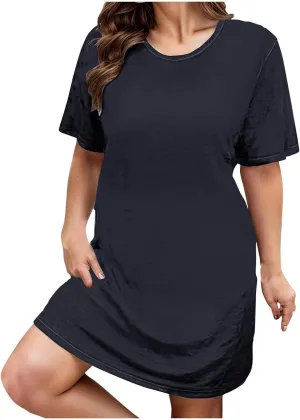 Womens Plus Size Midi Dress Solid Color Round Neck Short Sleeve Dresses Summer Casual Relaxed Fit Sundresses