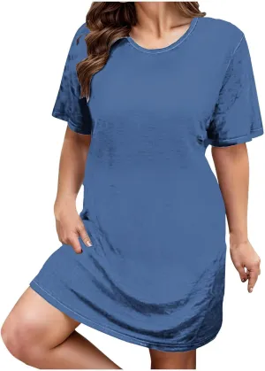 Womens Plus Size Midi Dress Solid Color Round Neck Short Sleeve Dresses Summer Casual Relaxed Fit Sundresses