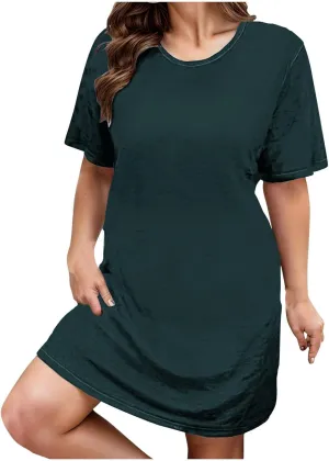 Womens Plus Size Midi Dress Solid Color Round Neck Short Sleeve Dresses Summer Casual Relaxed Fit Sundresses