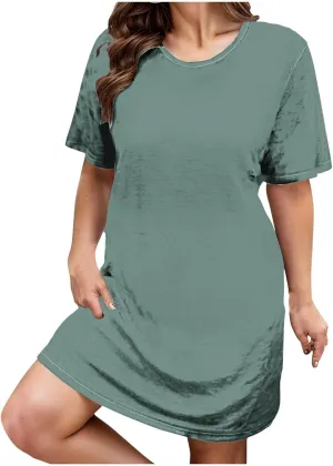 Womens Plus Size Midi Dress Solid Color Round Neck Short Sleeve Dresses Summer Casual Relaxed Fit Sundresses