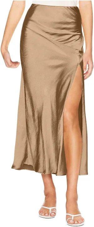 Women's Satin High Waisted Side Split Maxi Skirt Elastic Waistband Zipper Long Skirts A-Line Cocktail Work Skirt