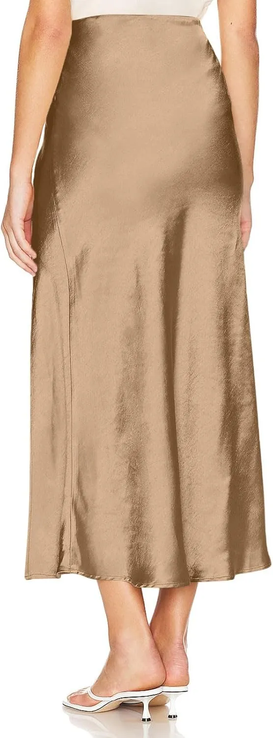 Women's Satin High Waisted Side Split Maxi Skirt Elastic Waistband Zipper Long Skirts A-Line Cocktail Work Skirt