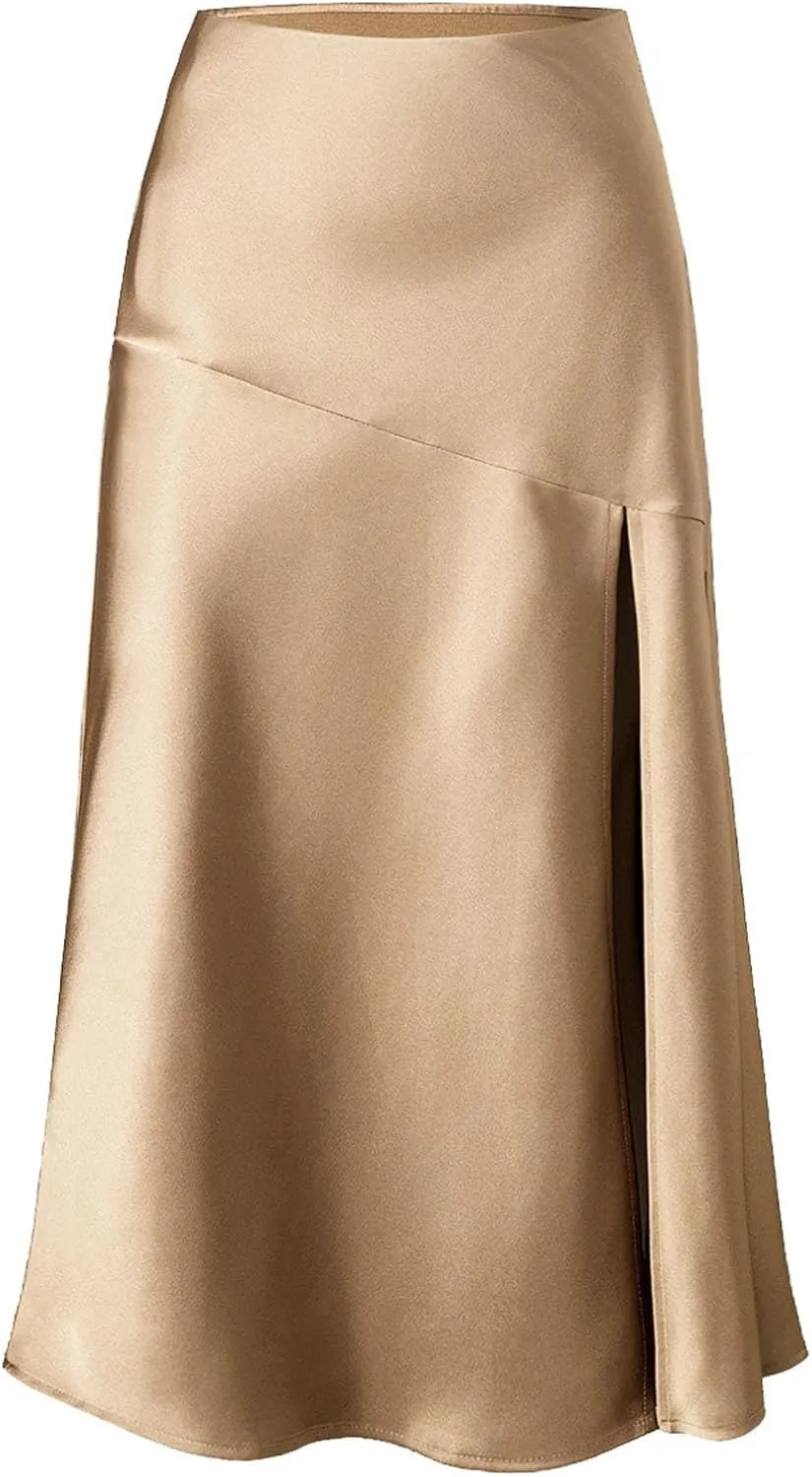 Women's Satin High Waisted Side Split Maxi Skirt Elastic Waistband Zipper Long Skirts A-Line Cocktail Work Skirt