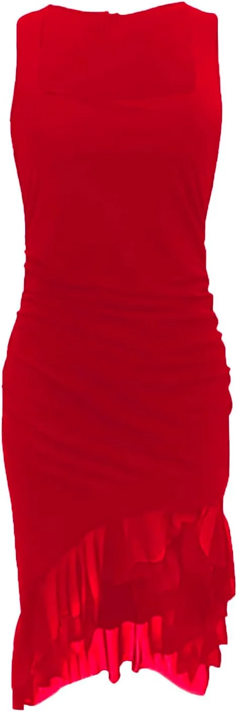 Women's Sexy Ruched Bodycon Midi Dresses Sleeveless Square Neck Ruffle Hem Cocktail Party Tank Dress Clubwear Gowns