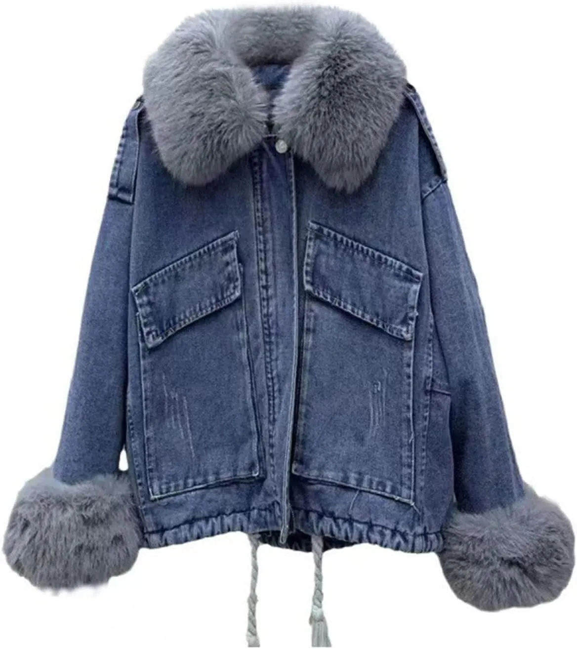 Womens Sherpa Fleece Lined Hoodie Denim Jacket 2022 Winter Jean Jacket Coats Oversized Long Sleeve Trucker Jacket Coat