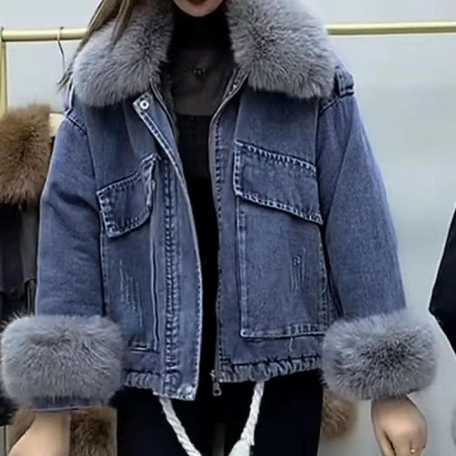 Womens Sherpa Fleece Lined Hoodie Denim Jacket 2022 Winter Jean Jacket Coats Oversized Long Sleeve Trucker Jacket Coat