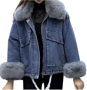 Womens Sherpa Fleece Lined Hoodie Denim Jacket 2022 Winter Jean Jacket Coats Oversized Long Sleeve Trucker Jacket Coat