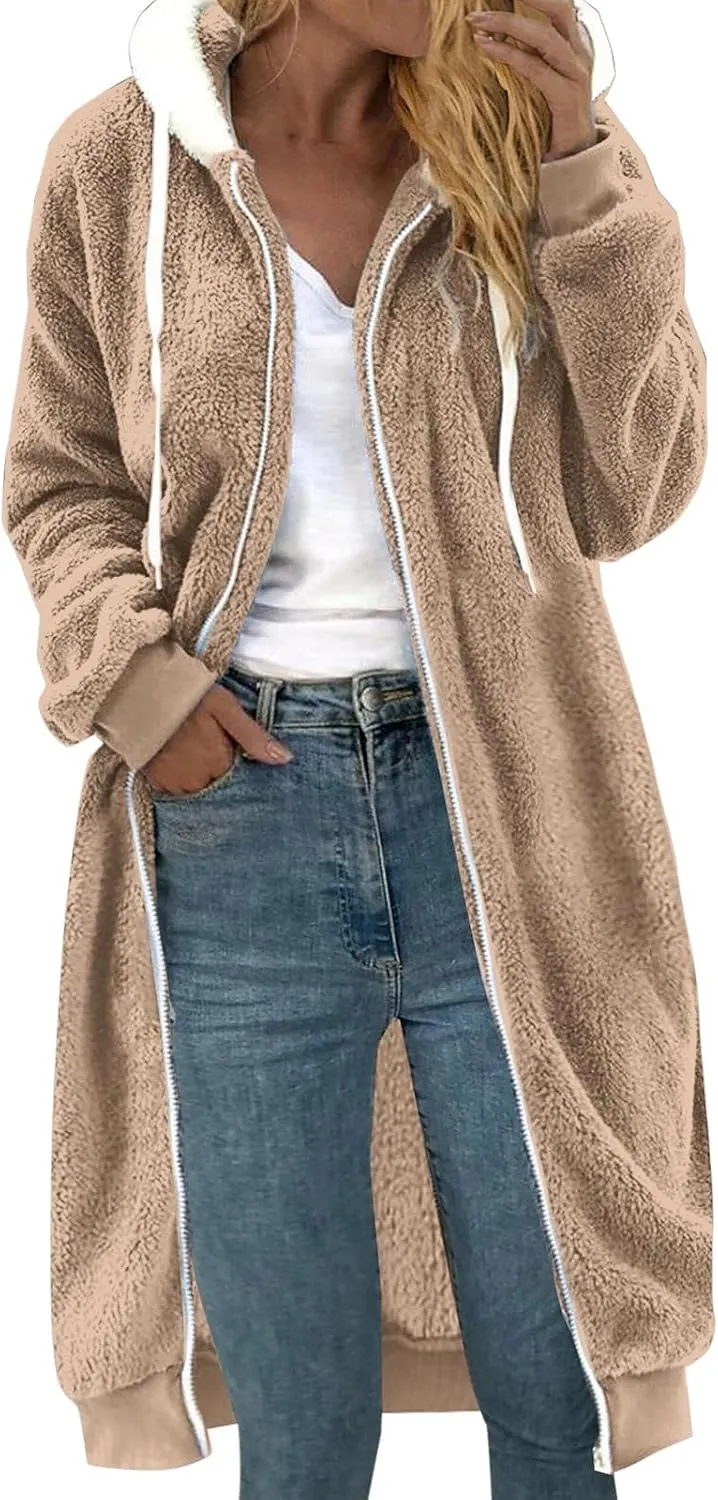 Womens Sherpa Full Zipper Long Hoodies Coats Fleece Lined Warm Knee Length Drawstring Zip Up Jumper Cardigans Jacket