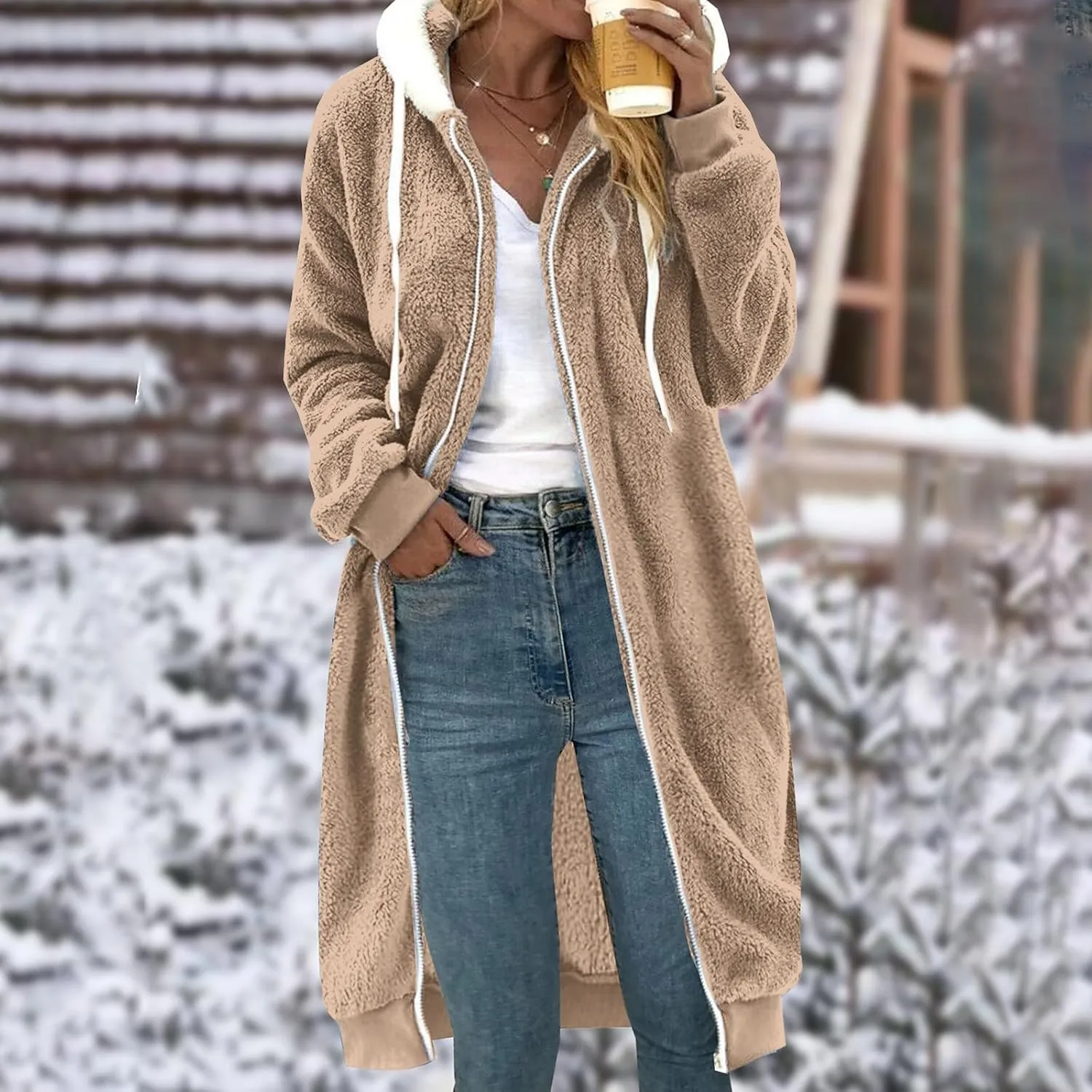 Womens Sherpa Full Zipper Long Hoodies Coats Fleece Lined Warm Knee Length Drawstring Zip Up Jumper Cardigans Jacket