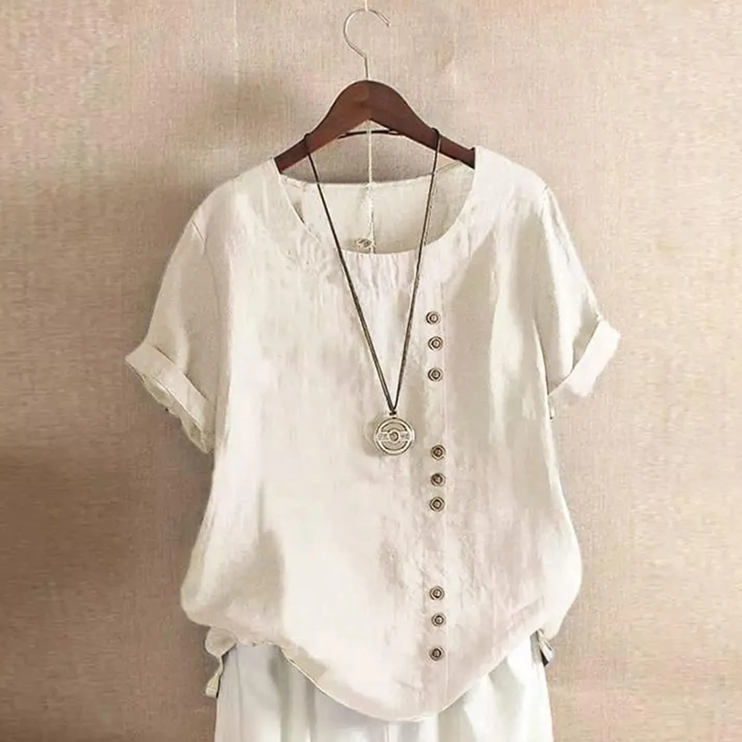 Womens Short Sleeve Button Shirts Blouse Loose Fit Round Neck Tops Fashion Solid Color Casual Cotton Linen Shirts