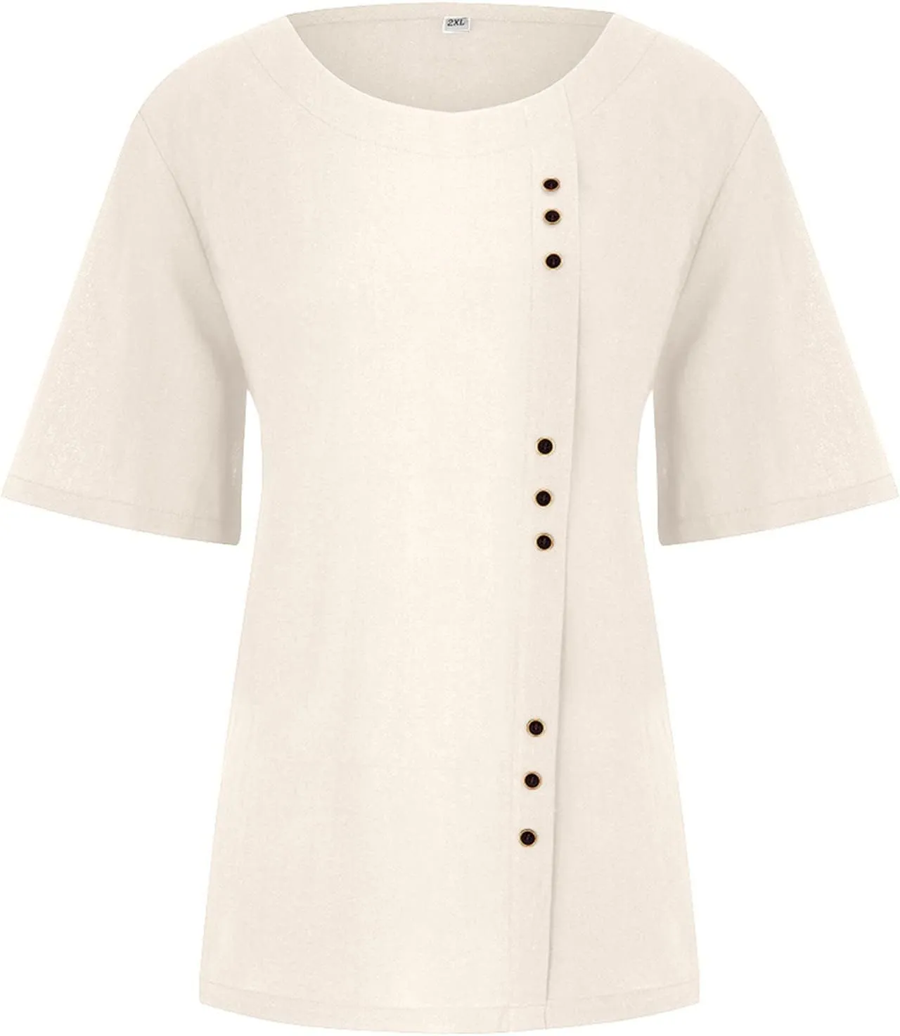 Womens Short Sleeve Button Shirts Blouse Loose Fit Round Neck Tops Fashion Solid Color Casual Cotton Linen Shirts