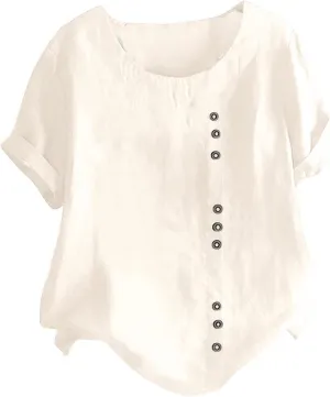 Womens Short Sleeve Button Shirts Blouse Loose Fit Round Neck Tops Fashion Solid Color Casual Cotton Linen Shirts