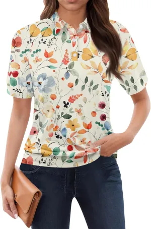 Womens Short Sleeve Tops Spring Button Down Polo Neck Shirts Lightweight Blouses Floral Print Outfits