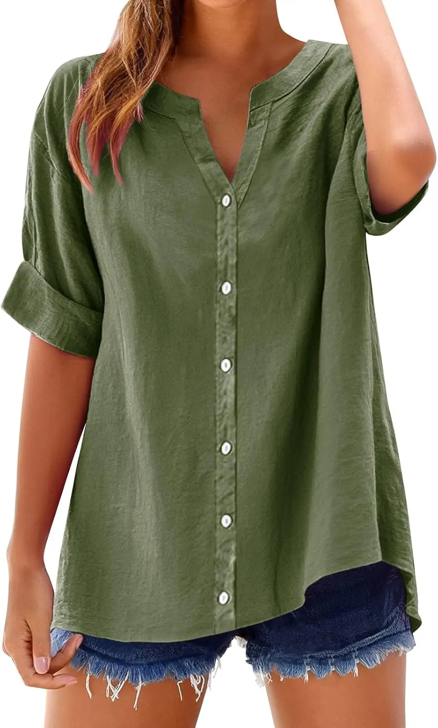 Women's Solid Henley V-Neck Linen Shirt - 2025 Lightweight Summer Beach Top, Short Sleeve Boho Button Front Casual Blouse