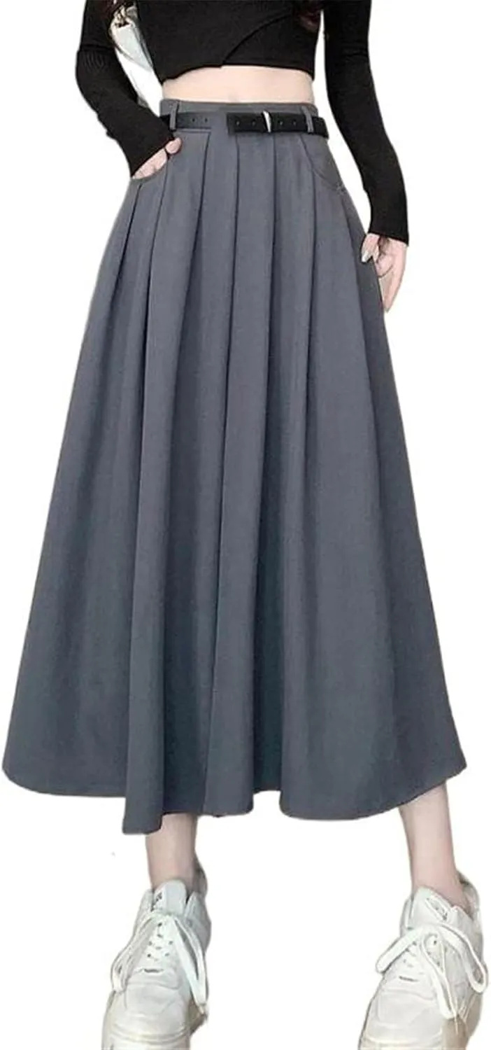 Women's Suit Skirt for Spring and Autumn, High-Waisted Pleated Midi Skirt with A Flared