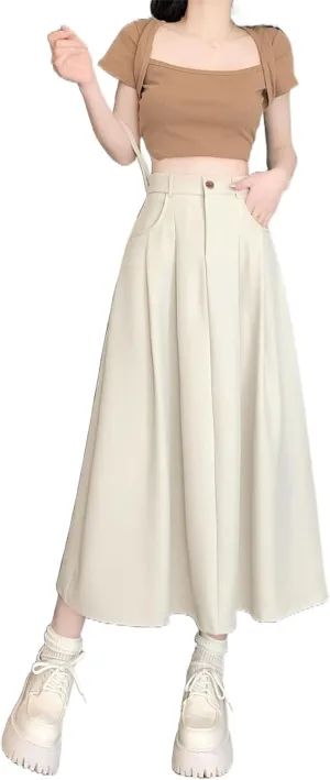 Women's Suit Skirt, Spring Autumn Casual A-Line Skirt, High-Waisted Student Circle Skirt Long Skirt