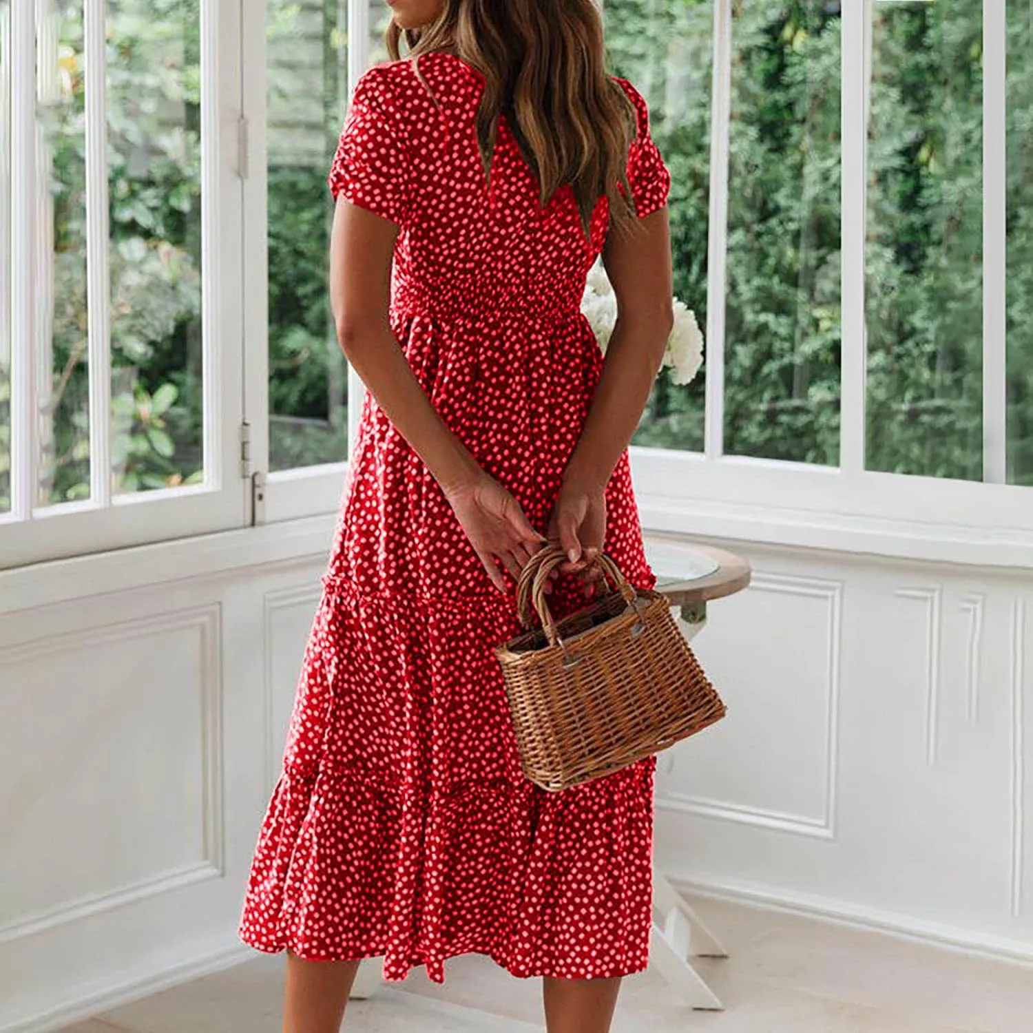 Women's Summer Boho Floral Dress Fashion Pleated Multi-Layer Ruffle Trim Long Dress Beach Vacation Outfits