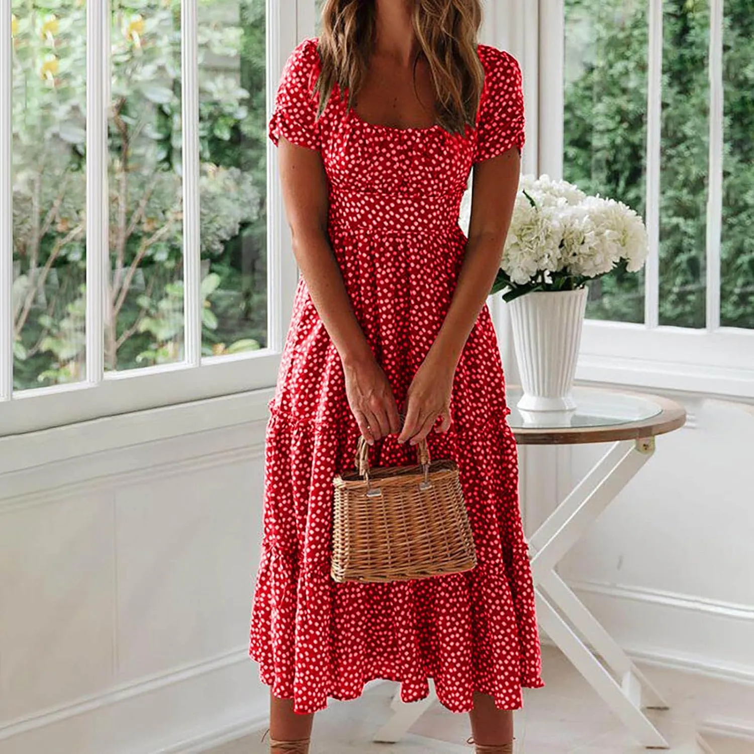 Women's Summer Boho Floral Dress Fashion Pleated Multi-Layer Ruffle Trim Long Dress Beach Vacation Outfits