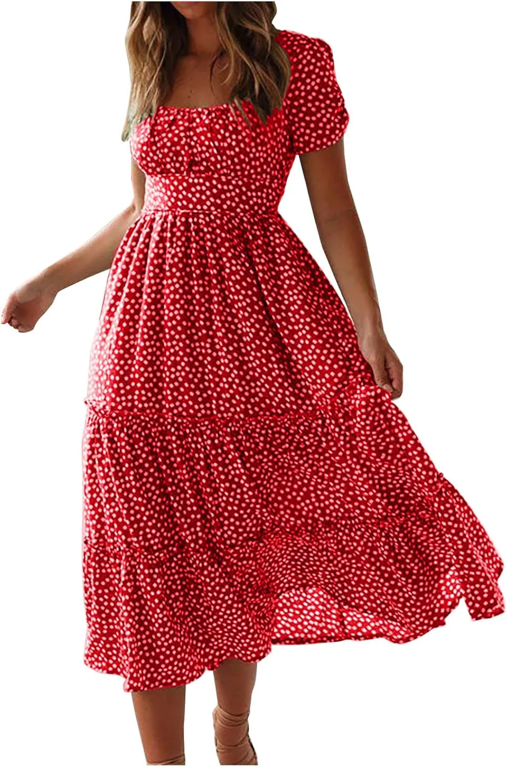 Women's Summer Boho Floral Dress Fashion Pleated Multi-Layer Ruffle Trim Long Dress Beach Vacation Outfits