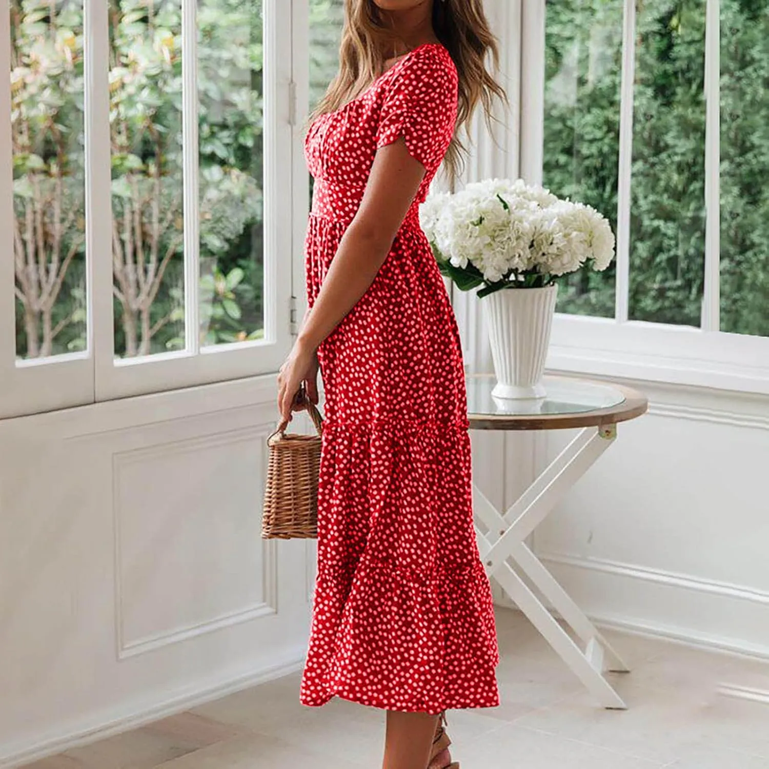 Women's Summer Boho Floral Dress Fashion Pleated Multi-Layer Ruffle Trim Long Dress Beach Vacation Outfits