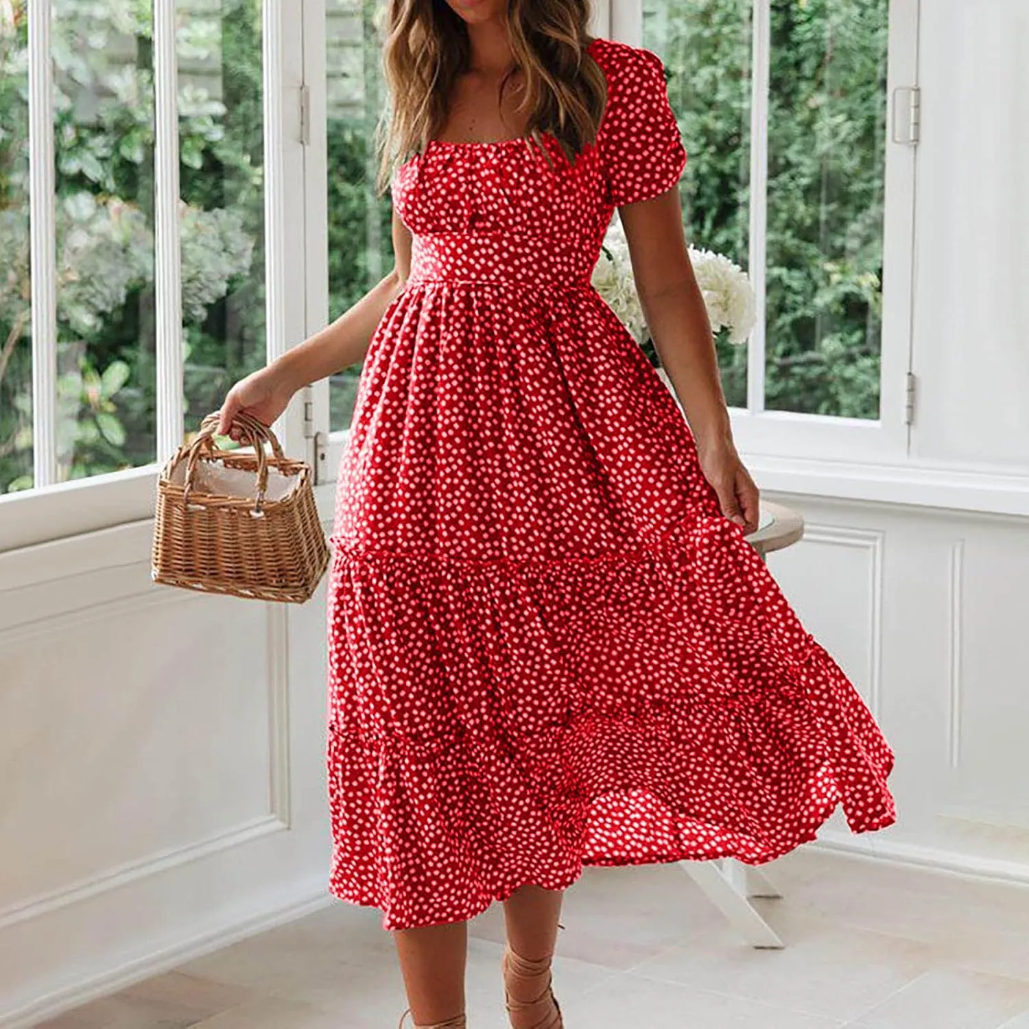 Women's Summer Boho Floral Dress Fashion Pleated Multi-Layer Ruffle Trim Long Dress Beach Vacation Outfits