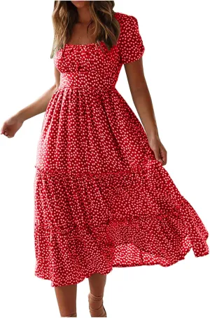 Women's Summer Boho Floral Dress Fashion Pleated Multi-Layer Ruffle Trim Long Dress Beach Vacation Outfits