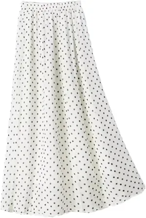 Women's Summer Classic Dots Natural-Mulberry Silk Medium Long Double-Layer A-Line High Waisted Beach Skirt