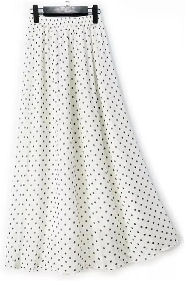 Women's Summer Classic Dots Natural-Mulberry Silk Medium Long Double-Layer A-Line High Waisted Beach Skirt