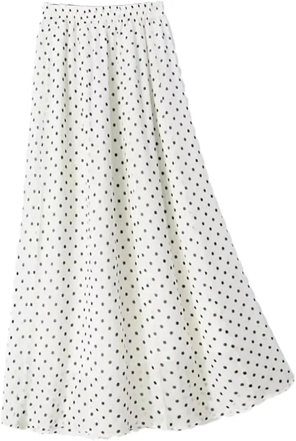 Women's Summer Classic Dots Natural-Mulberry Silk Medium Long Double-Layer A-Line High Waisted Beach Skirt