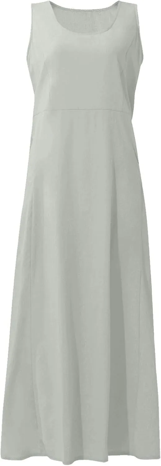 Women's Summer Cotton Linen Long Dress Sleeveless Elegant Flowy Dresses Plus Size Loose Comfy Dress with Pockets