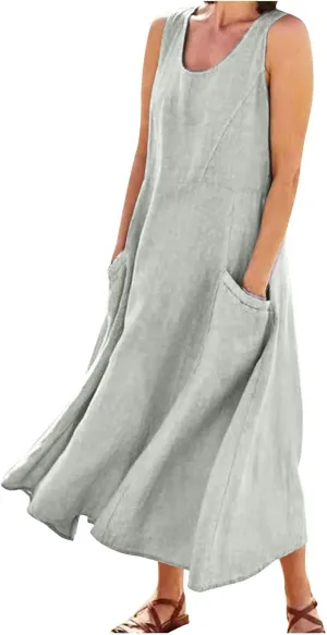 Women's Summer Cotton Linen Long Dress Sleeveless Elegant Flowy Dresses Plus Size Loose Comfy Dress with Pockets