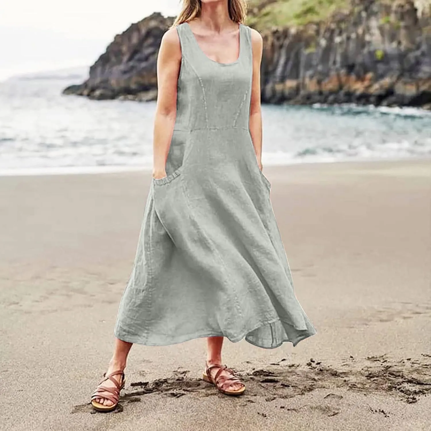 Women's Summer Cotton Linen Long Dress Sleeveless Elegant Flowy Dresses Plus Size Loose Comfy Dress with Pockets