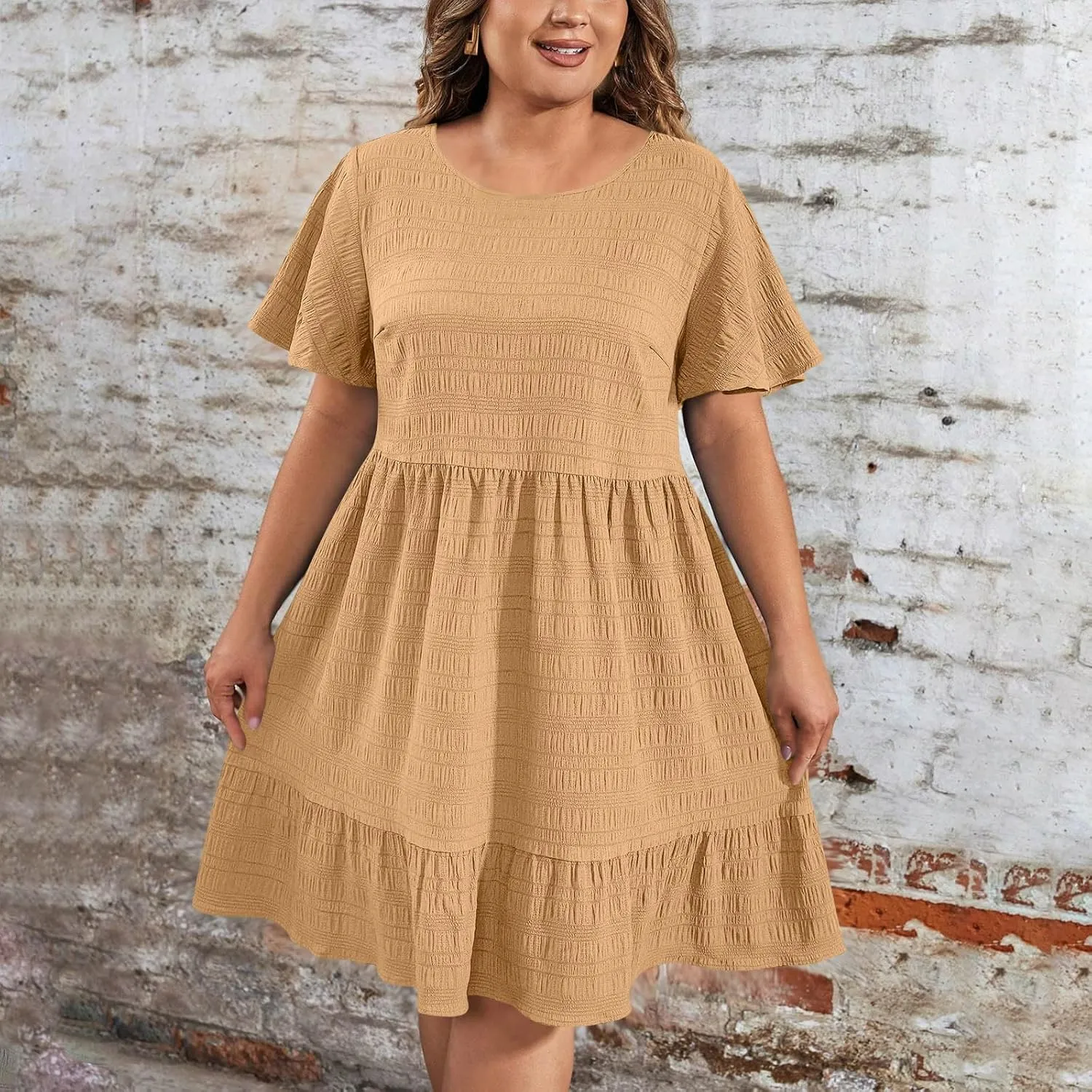 Womens Summer Dresses Fashion Plus Size Ruffle Short Sleeve Crewneck Midi Dress Casual Party Beach Vacation Dresses