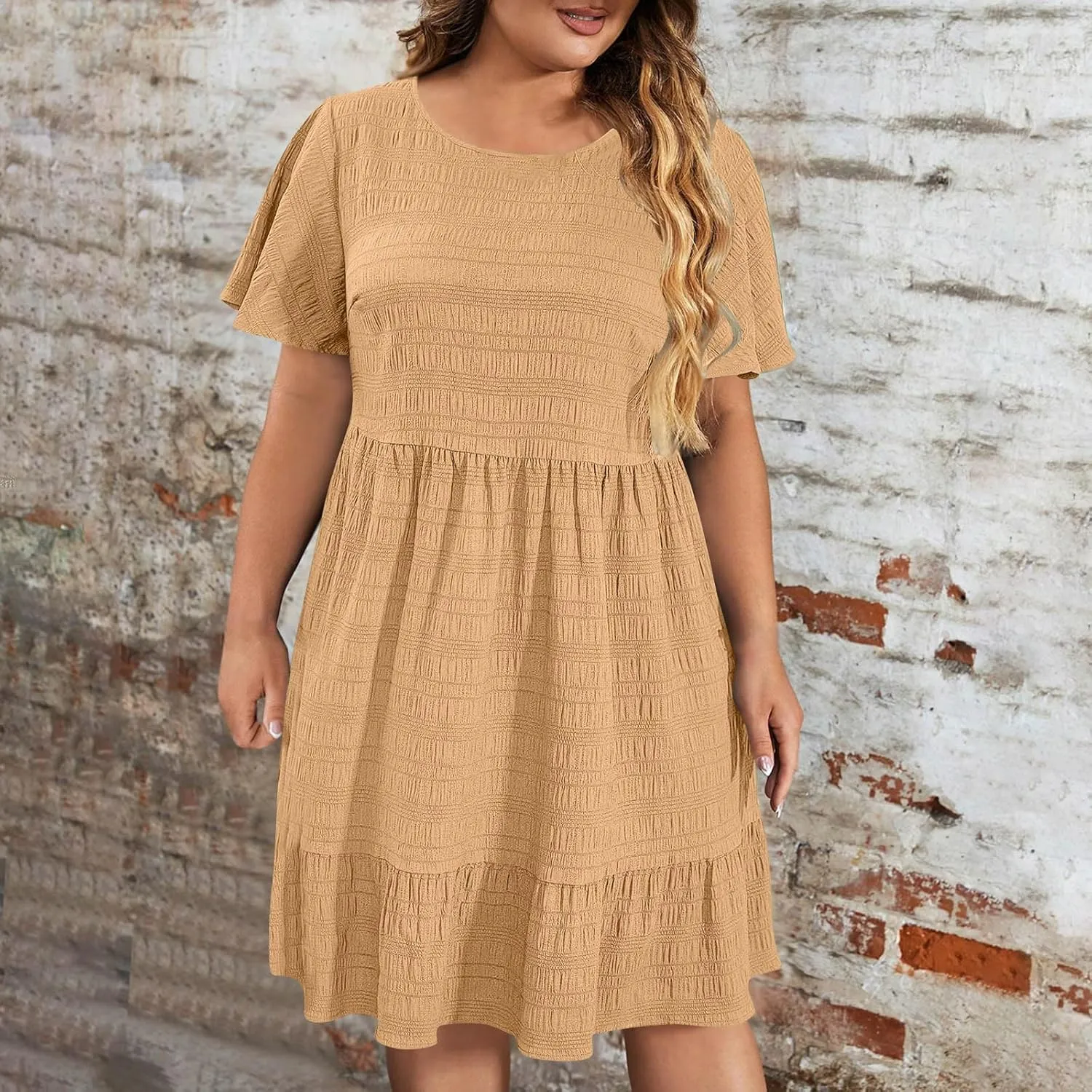 Womens Summer Dresses Fashion Plus Size Ruffle Short Sleeve Crewneck Midi Dress Casual Party Beach Vacation Dresses