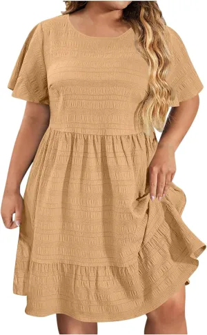 Womens Summer Dresses Fashion Plus Size Ruffle Short Sleeve Crewneck Midi Dress Casual Party Beach Vacation Dresses