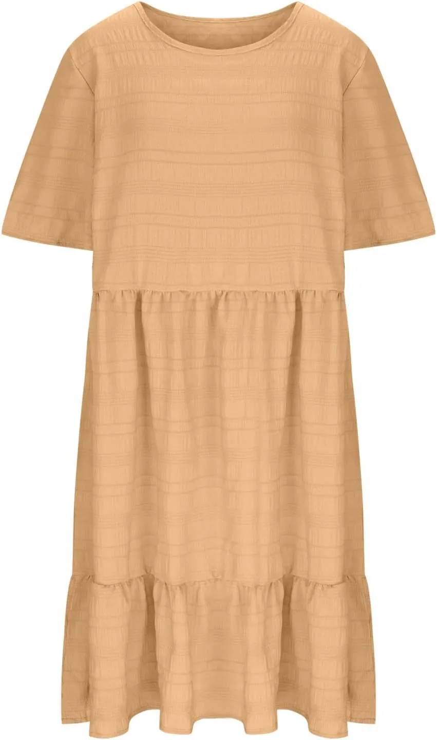 Womens Summer Dresses Fashion Plus Size Ruffle Short Sleeve Crewneck Midi Dress Casual Party Beach Vacation Dresses