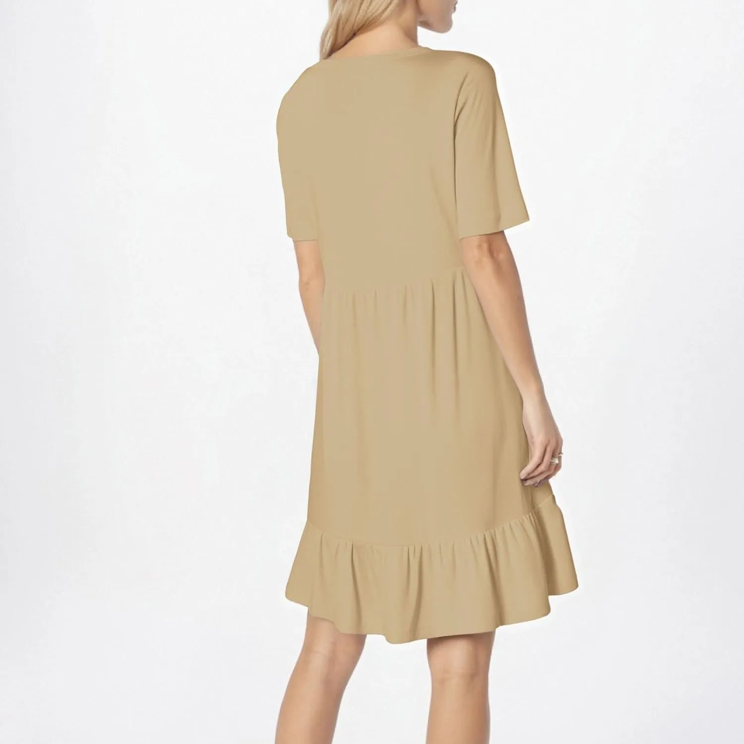 Womens Summer Dresses Short Sleeve O Neck Pleated Swing Mini Dress Solid Color Ruffle Hem Beach Vacation Sundress