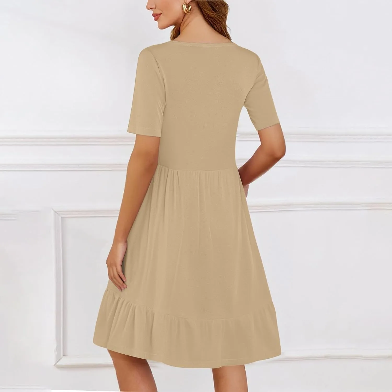 Womens Summer Dresses Short Sleeve O Neck Pleated Swing Mini Dress Solid Color Ruffle Hem Beach Vacation Sundress