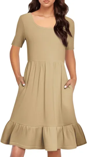 Womens Summer Dresses Short Sleeve O Neck Pleated Swing Mini Dress Solid Color Ruffle Hem Beach Vacation Sundress