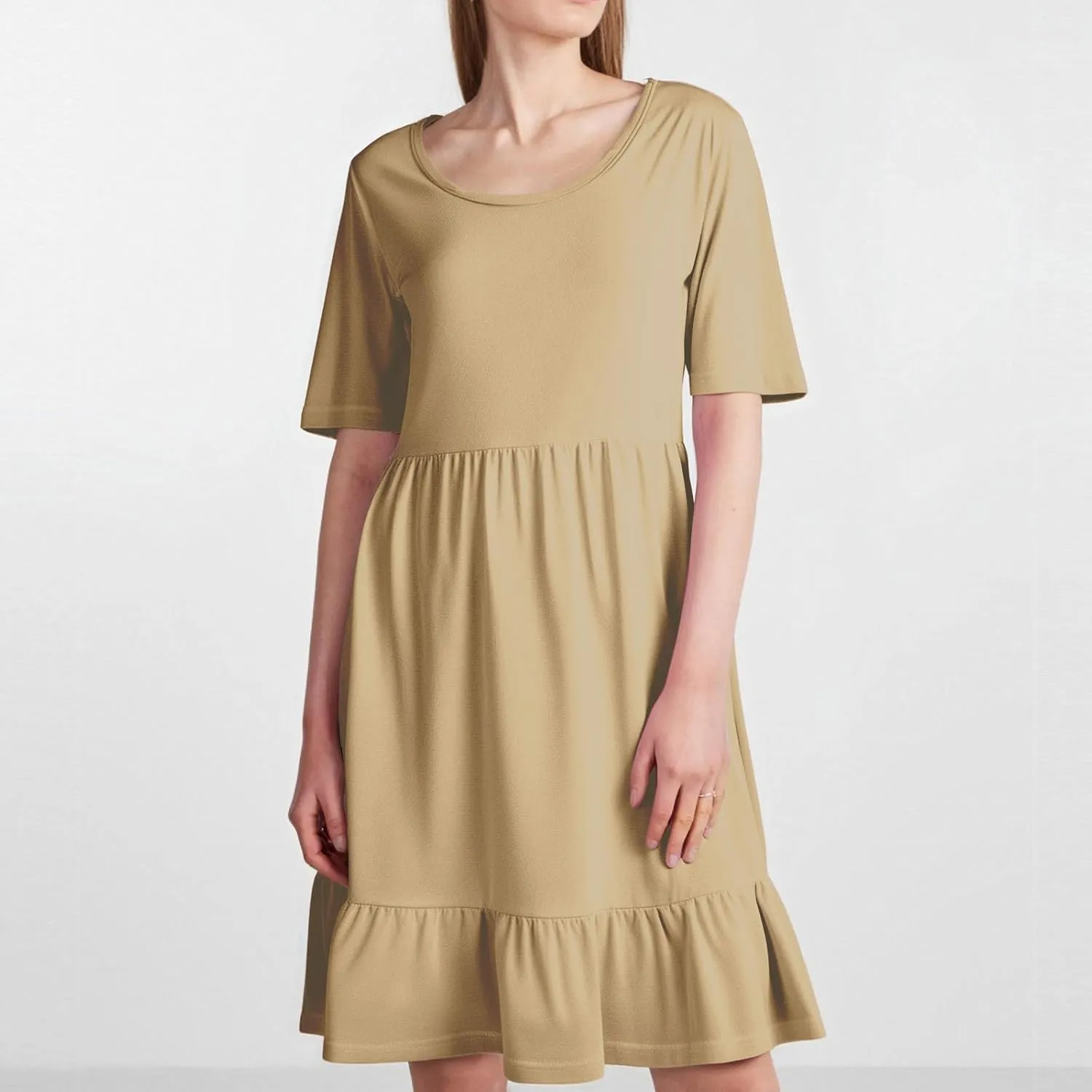 Womens Summer Dresses Short Sleeve O Neck Pleated Swing Mini Dress Solid Color Ruffle Hem Beach Vacation Sundress