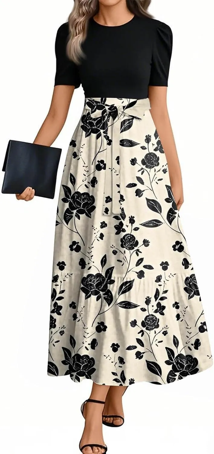Womens Summer Dresses Trendy Floral Print Short Sleeve Wrap Flowy Maxi Sundress Elegant Ruffle Hem Cocktail Dress